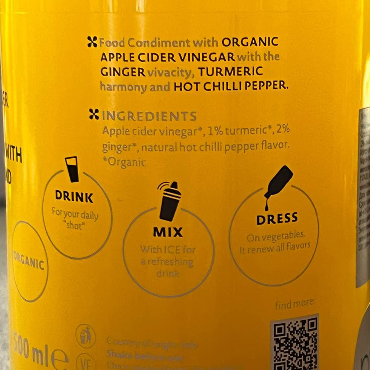 Яблочный органический уксус с имбирем и куркумой, 500 мл